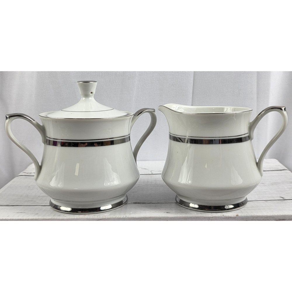Empress China Crown-Platinum 1836 Cream & Sugar Set, White w/Silver Inlays, VTG